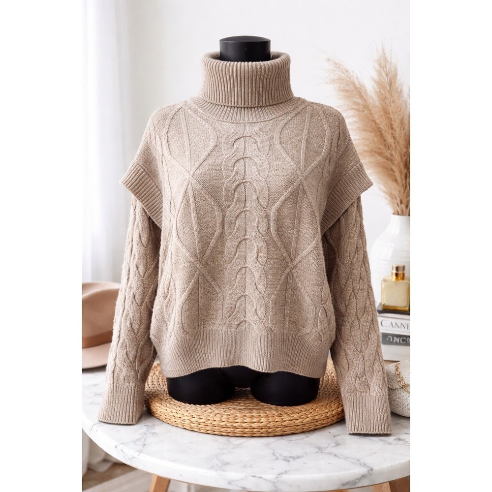 Elie Tahari Cable Knit Turtleneck Sweater Beige Chunky Cozy Women‎ L